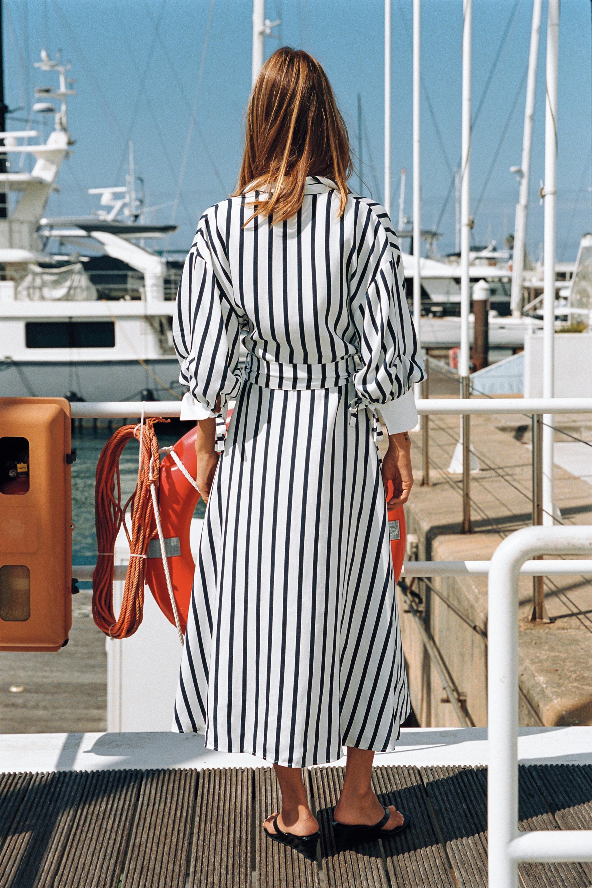 BELTED STRIPED MIDI DRESS
